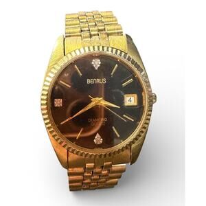 Vintage BENRUS Diamond Quartz Gold Tone Men's Wristwatch Fluted Bezel Date